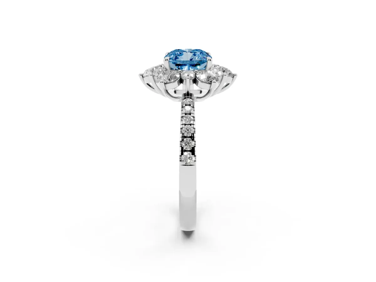 Fancy Blue Cushion Cut Diamond Floral Halo Ring with Round Pavé Band and Prong Setting Silver