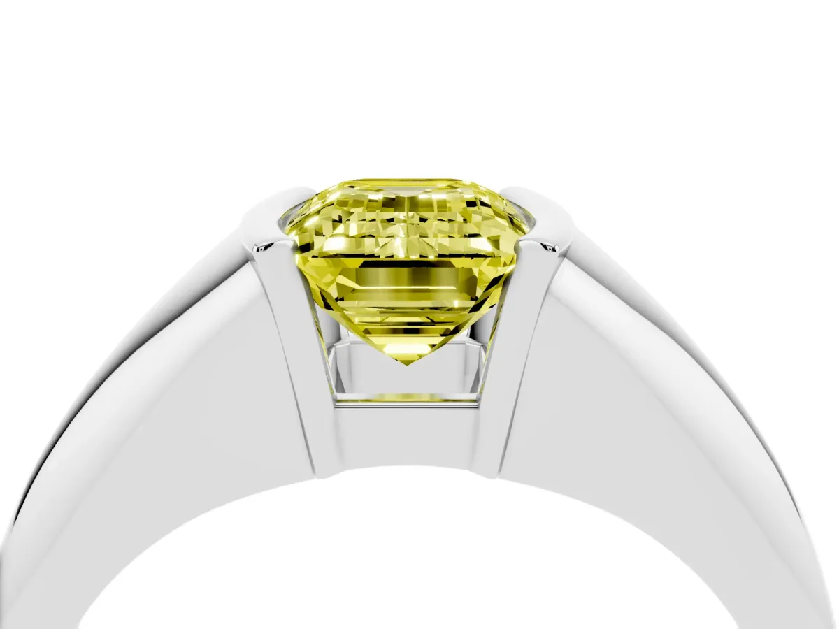Fancy Yellow Emerald Cut Solitaire Tension Set Diamond Ring Silver