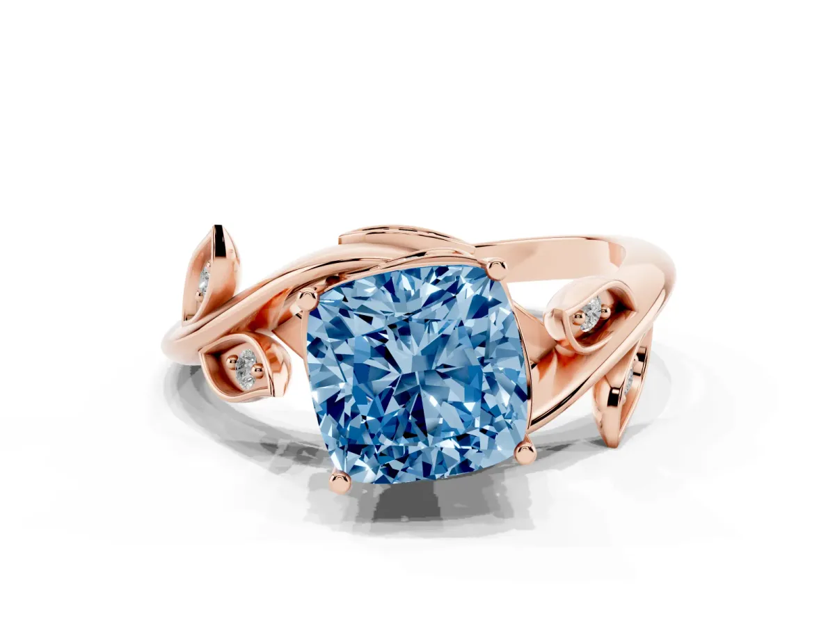 Fancy Blue Cushion Cut Solitaire Twist Engagement Ring with Leaf Accents and Prong Setting Rose gold