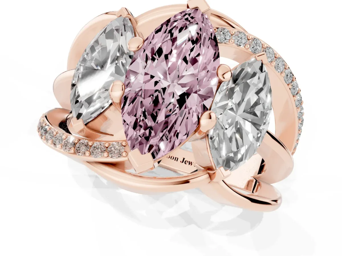 Fancy Pink Three-Stone Marquise Cut Cut Diamond Split Shank Prong Set Ring Rose gold