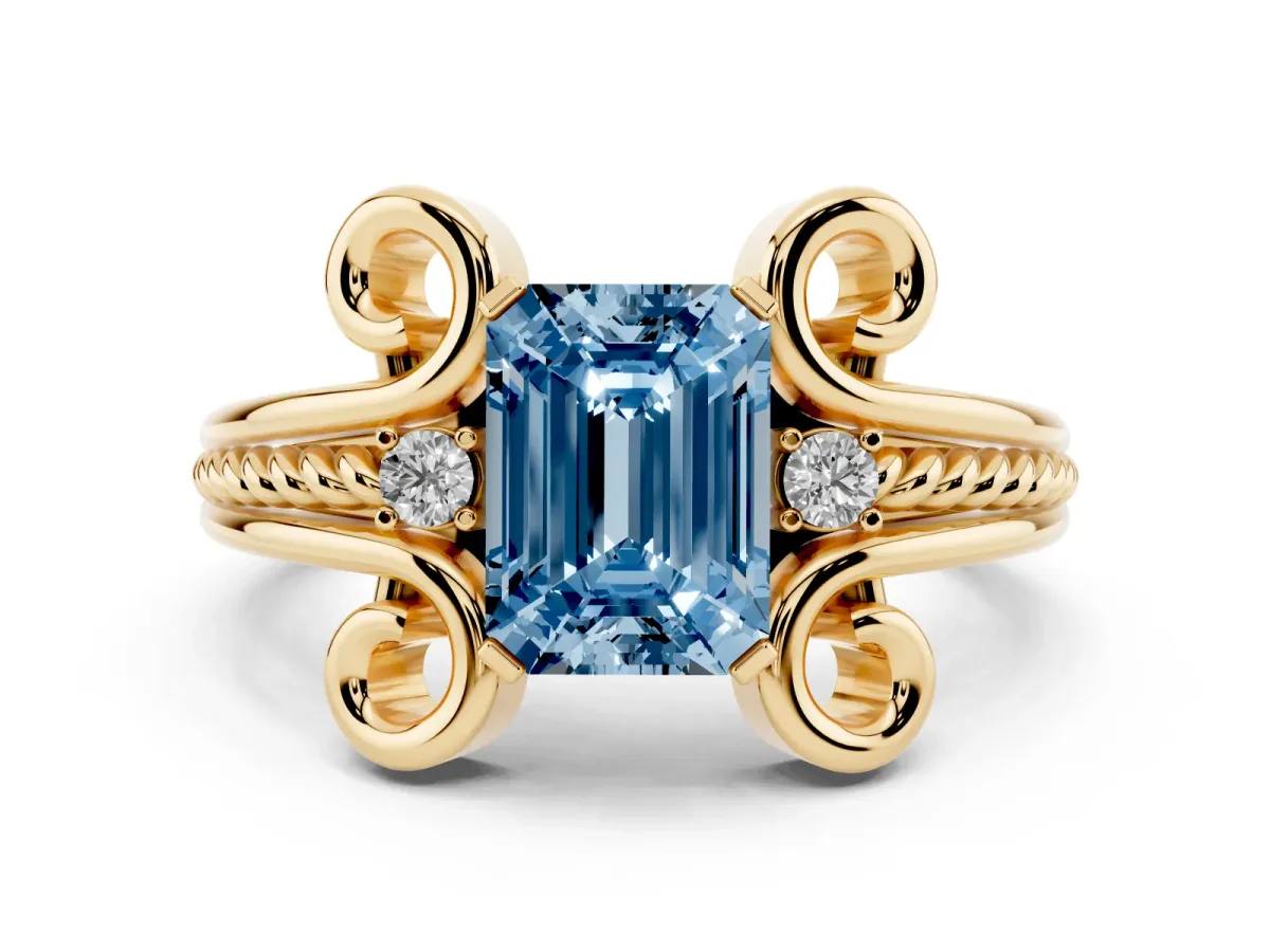 Fancy Blue Emerald Cut Solitaire Twisted Band Scroll Prong Ring Yellow gold
