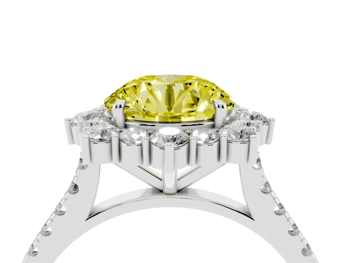Fancy Yellow Round Cut Halo Diamond Ring with Pavé Band and Prong Setting Silver