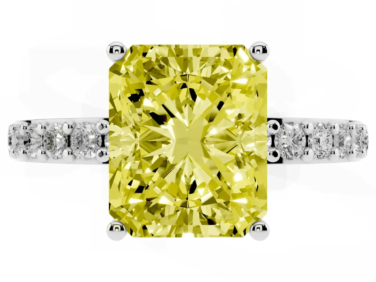 Fancy Yellow Radiant Cut Cut Diamond Solitaire with Pave Band and Four-Prong Setting Platinum
