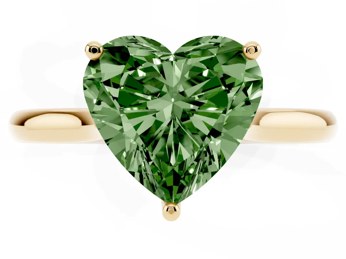 Fancy Green Heart Cut Cut Solitaire Ring with Cathedral Band and Four-Prong Setting Yellow gold