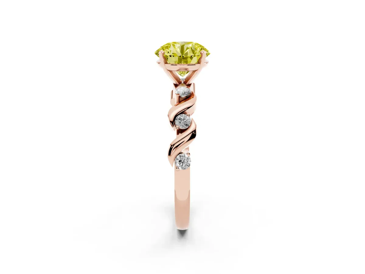 Fancy Yellow Round Cut Diamond Solitaire Twisted Band with Round Accents and Prong Setting Rose gold