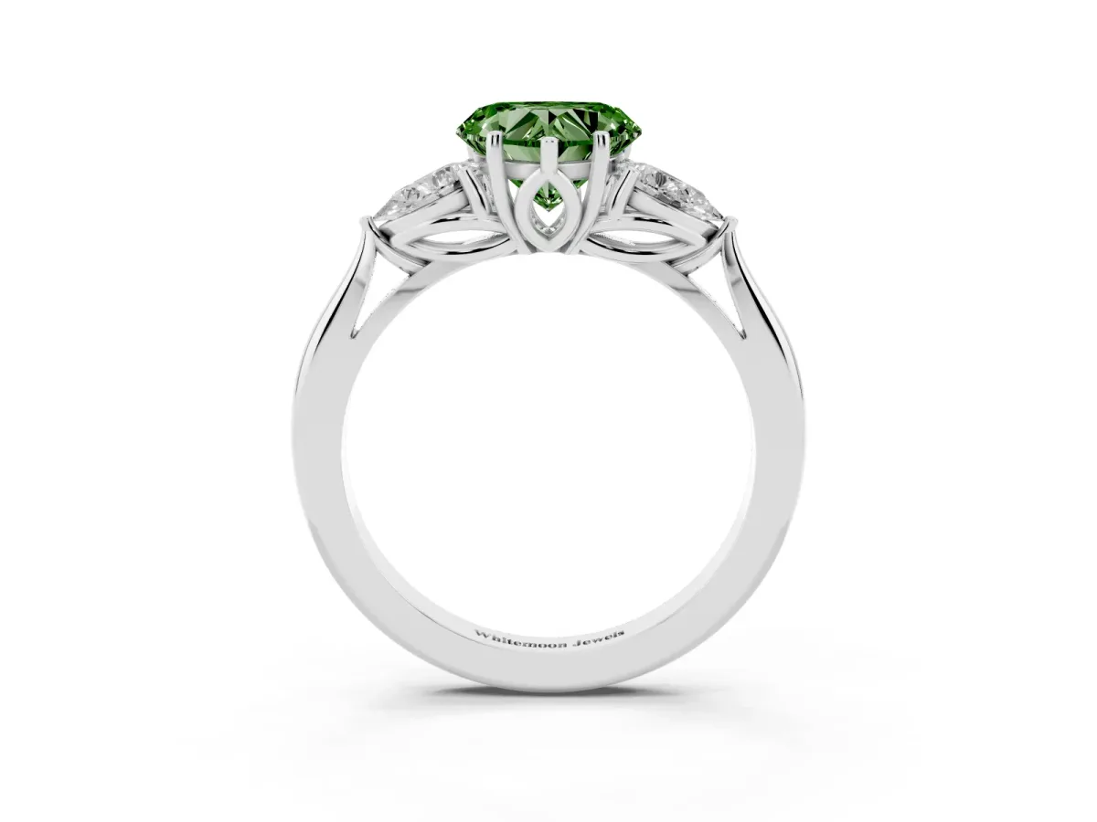Fancy Green Three-Stone Heart Cut Diamond Ring with Pear Side Stones in Four-Prong Setting Platinum