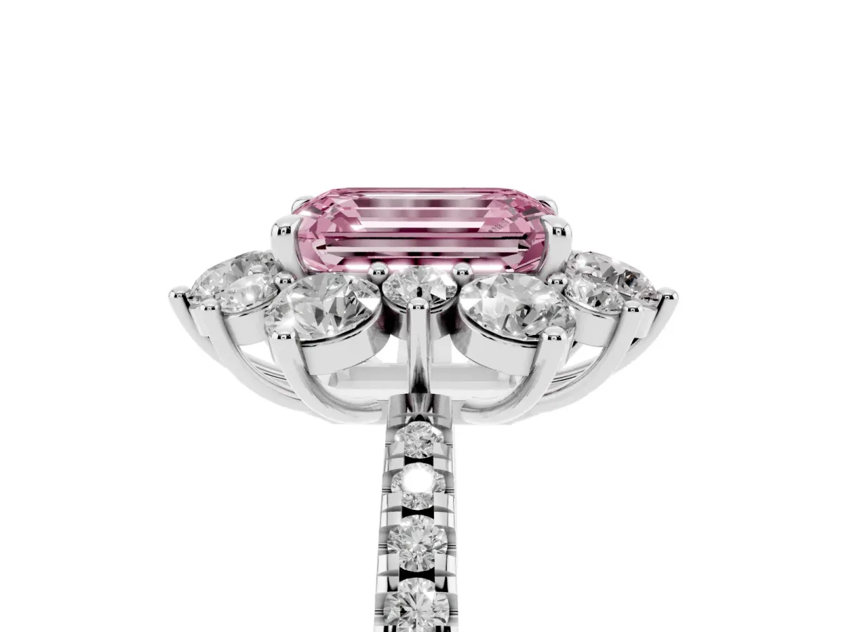 Fancy Pink Emerald Cut Diamond Floral Halo Ring with Round Pavé Band and Prong Setting Platinum