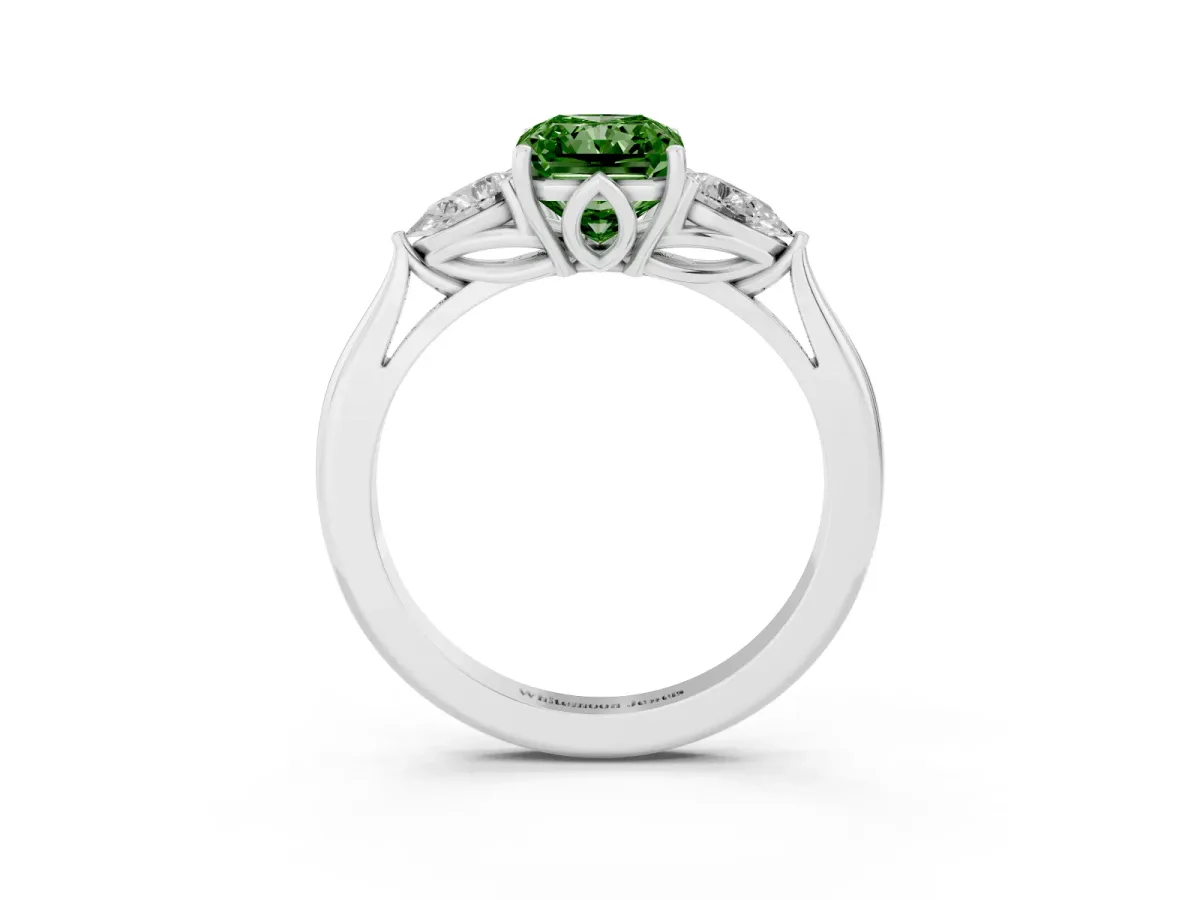 Fancy Green Three-Stone Radiant Cut Diamond Ring with Pear Side Stones in Four-Prong Setting Silver
