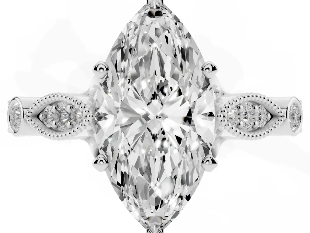 Marquise Cut Cut Diamond with Milgrain Marquise and Bezel Accents on a Solitaire Band with Prong Setting Silver