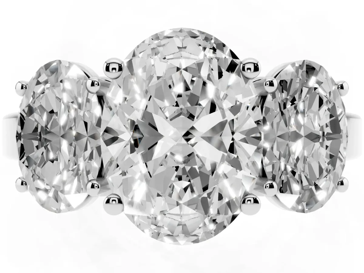 Three-Stone Oval Cut Cut Diamond Engagement Ring with Flat Band and Four-Prong Setting Silver