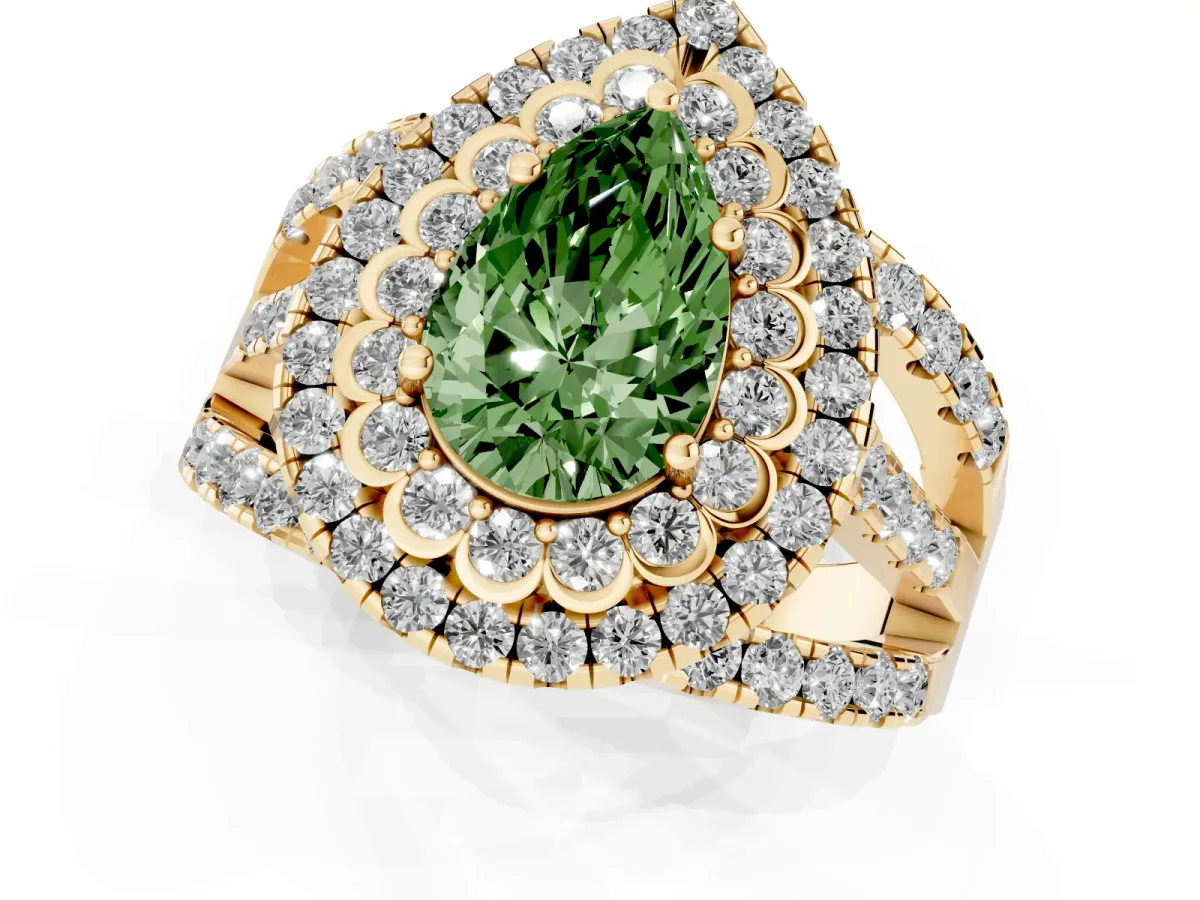 Fancy Green Pear Cut Diamond Double Halo Ring with Round Pavé Split Shank and Prong Setting Yellow gold