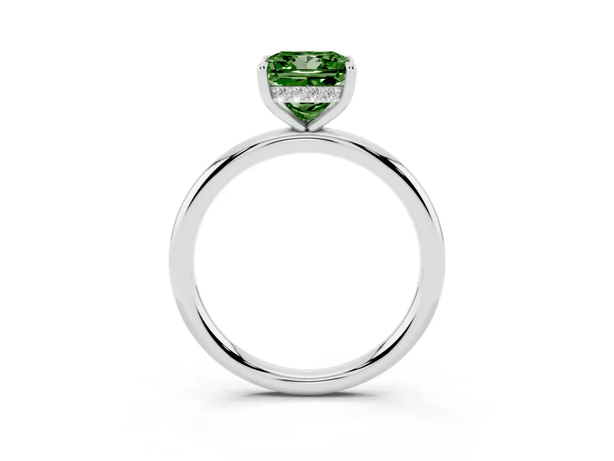 Fancy Green Princess Cut Diamond Solitaire Ring with Thin Band and Four-Prong Setting Silver