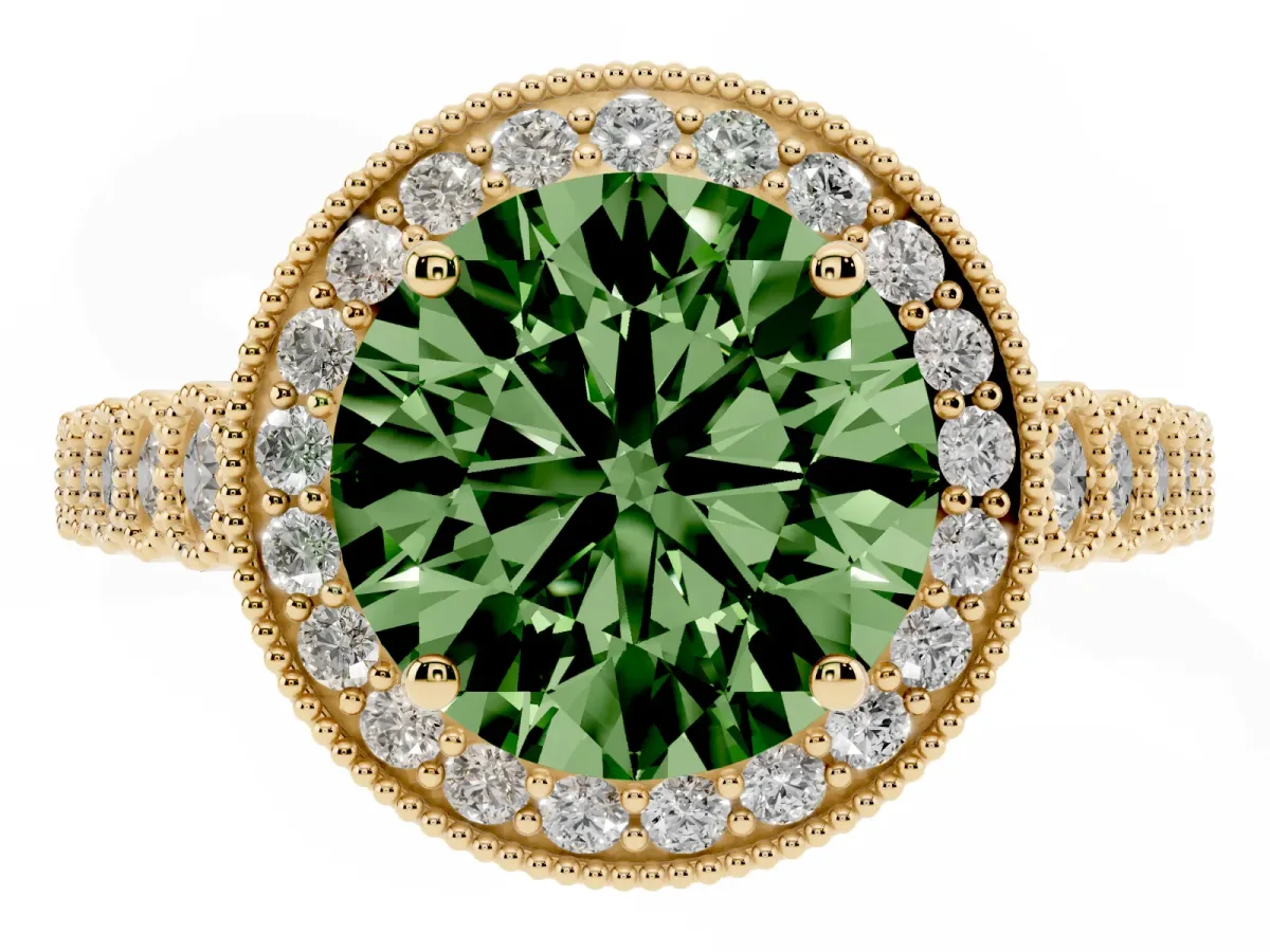 Fancy Green Round Cut Halo Milgrain Solitaire with Bezel Set Side Stones and Pave Band Yellow gold