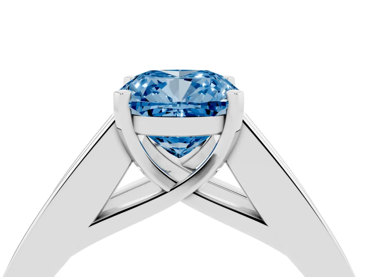 Fancy Blue Cushion Cut Cut Channel Set Solitaire Ring with Four-Prong Setting Platinum