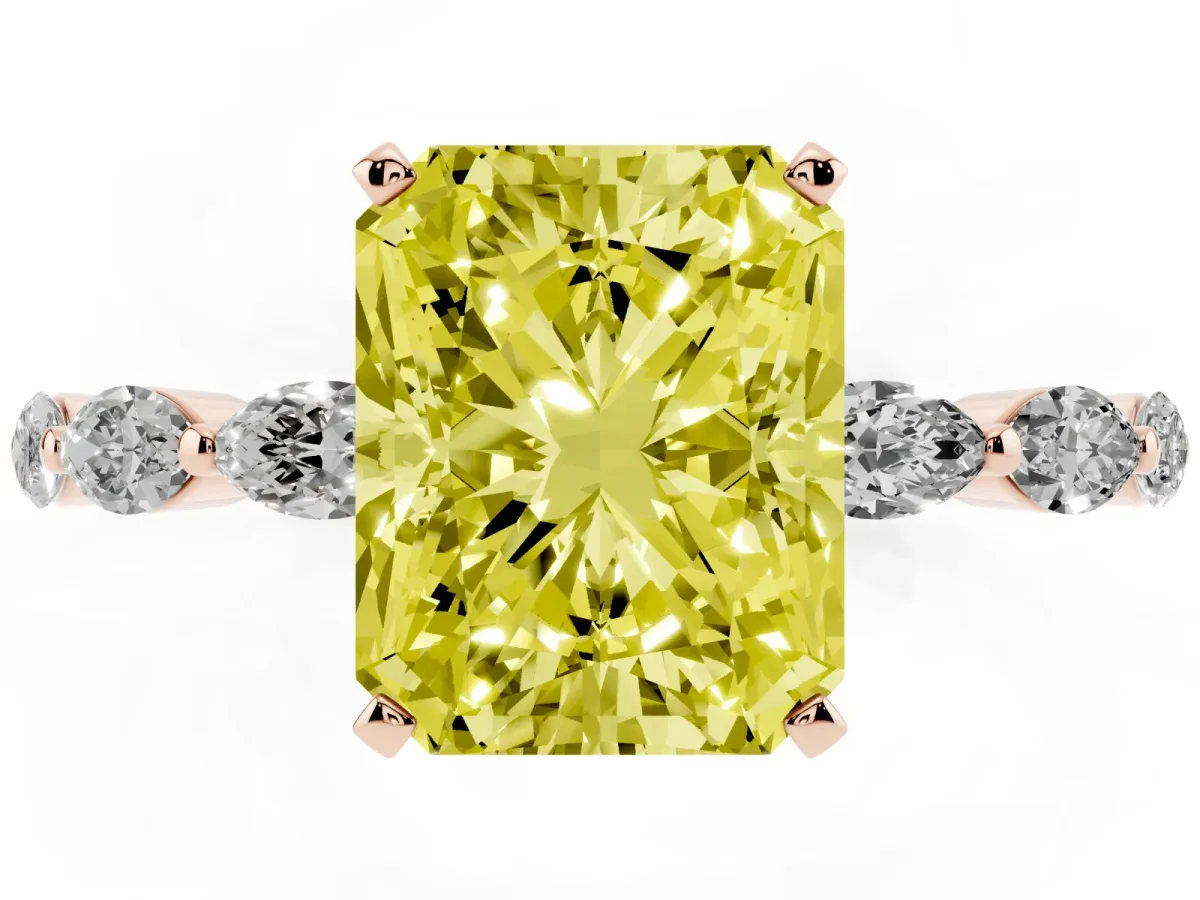 Fancy Yellow Radiant Cut Diamond Ring with Marquise Side Stones and Prong Setting Rose gold