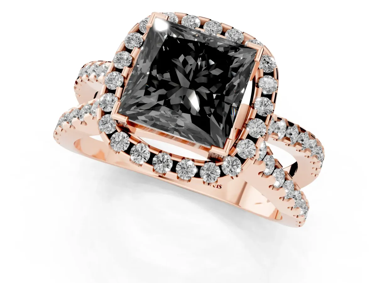 Fancy Black Princess Cut Diamond Halo Ring with Split Shank Pavé Band and Prong Setting Rose gold