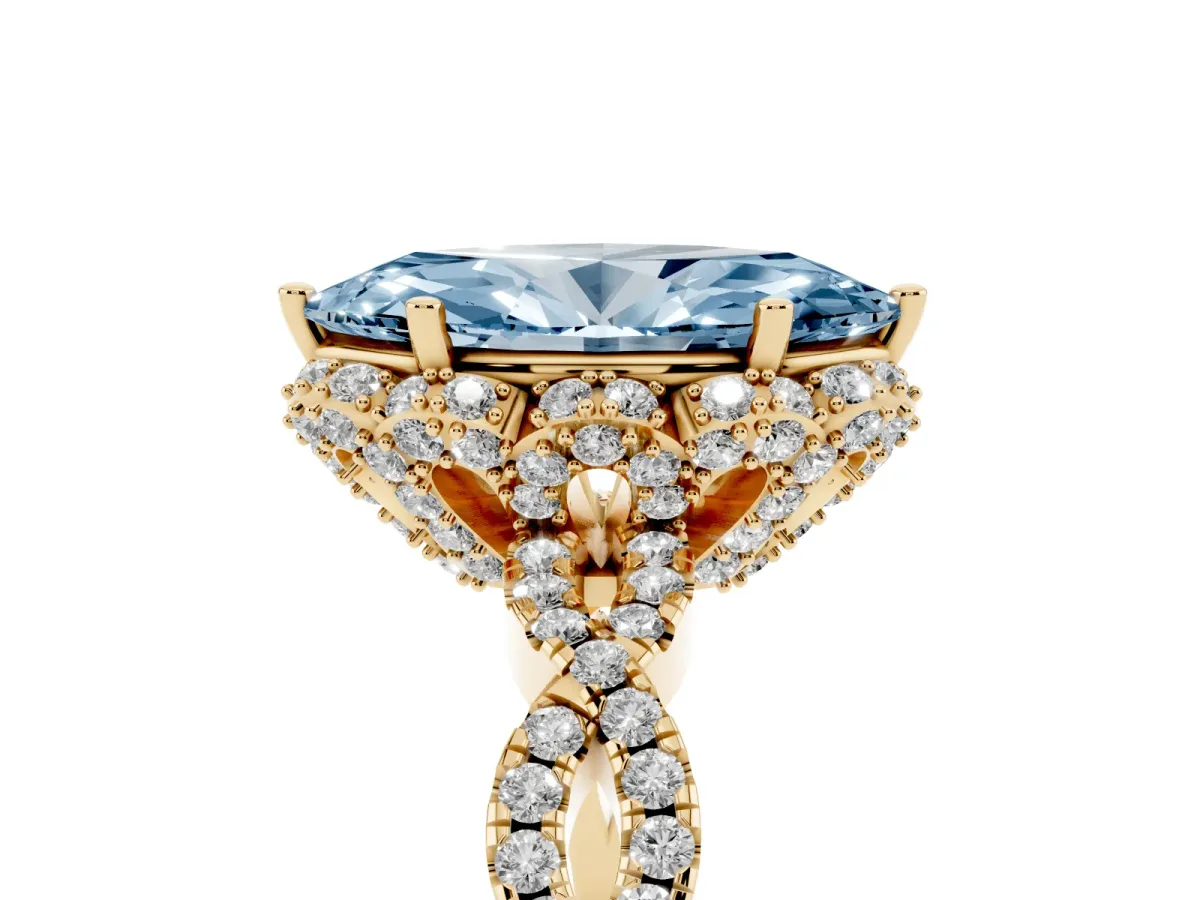 Fancy Blue Marquise Cut Halo Twist Band Solitaire Ring with Six-Prong Setting Yellow gold