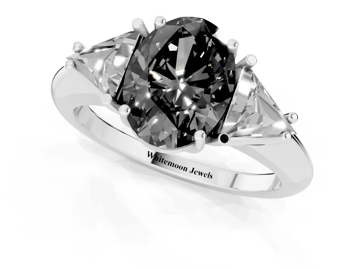 Fancy Black Three-Stone Oval Cut Diamond Engagement Ring with Trillion Side Stones and Prong Setting Silver
