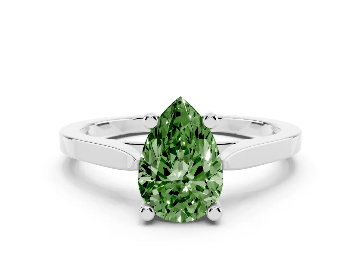 Fancy Green Pear Cut Solitaire Diamond Ring with Four-Prong Setting and Tapered Band Platinum