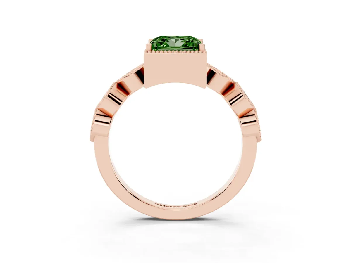 Fancy Green Princess Cut Diamond Vintage Milgrain Ring with Round Stations Rose gold
