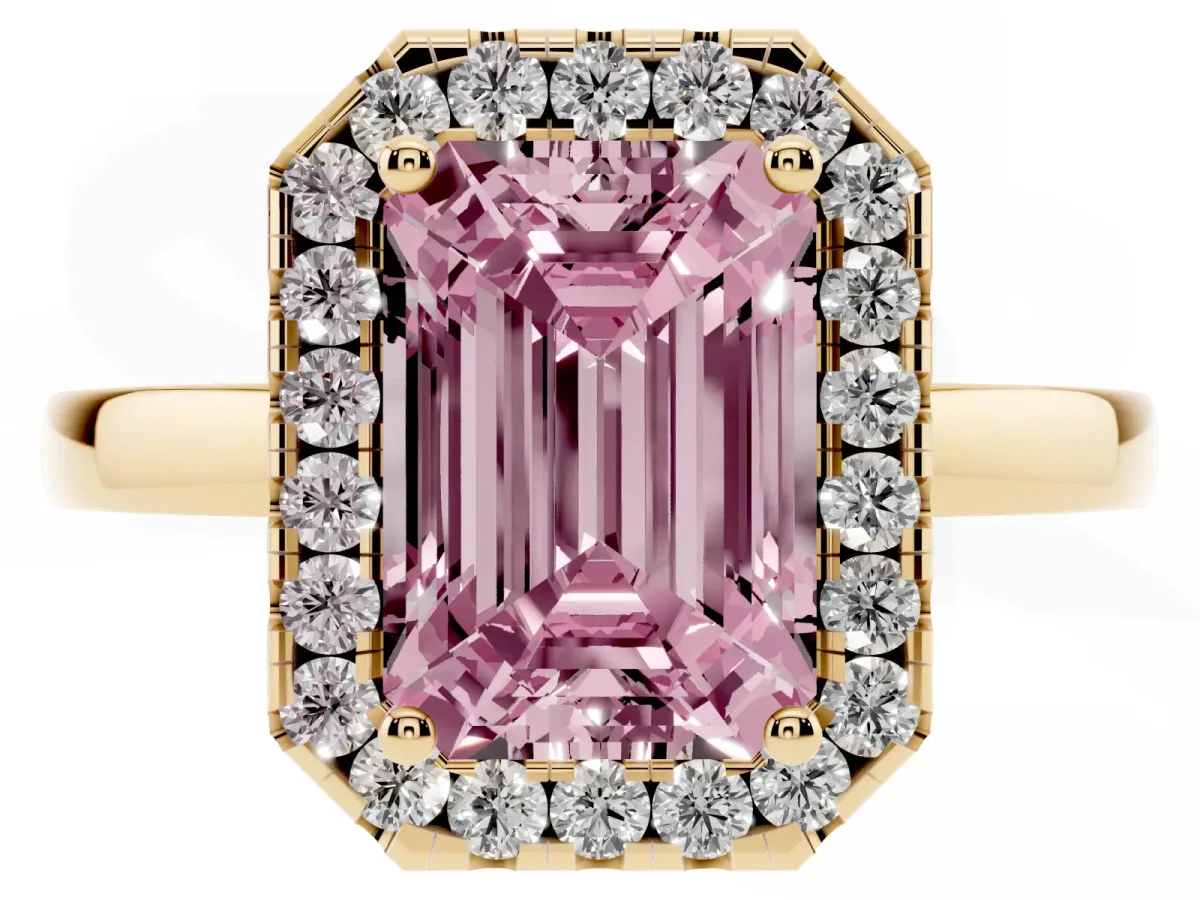 Fancy Pink Emerald Cut Halo Diamond Solitaire with Pavé Band and Four-Prong Setting Yellow gold