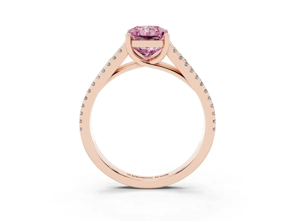 Fancy Pink Radiant Cut Diamond Solitaire Engagement Ring with Split Shank Pavé Band Rose gold