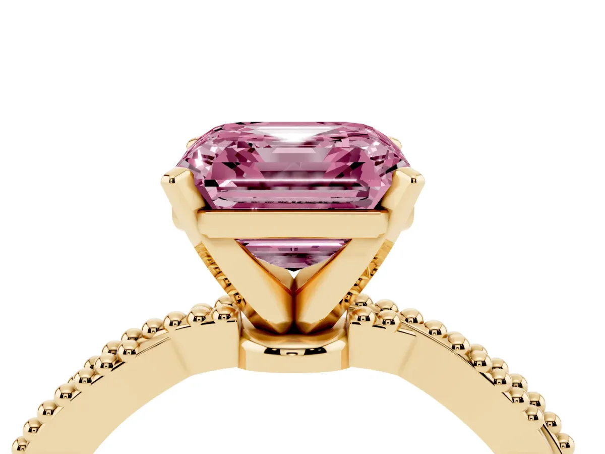 Fancy Pink Asscher Cut Solitaire Twisted Band with Bead Prong Setting Yellow gold