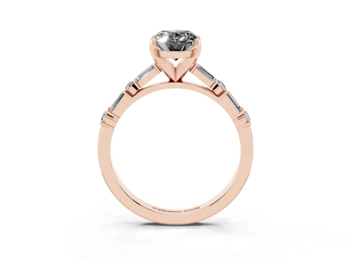 Fancy Black Oval Cut Diamond Solitaire with Side Baguettes and Channel Set Band Rose gold