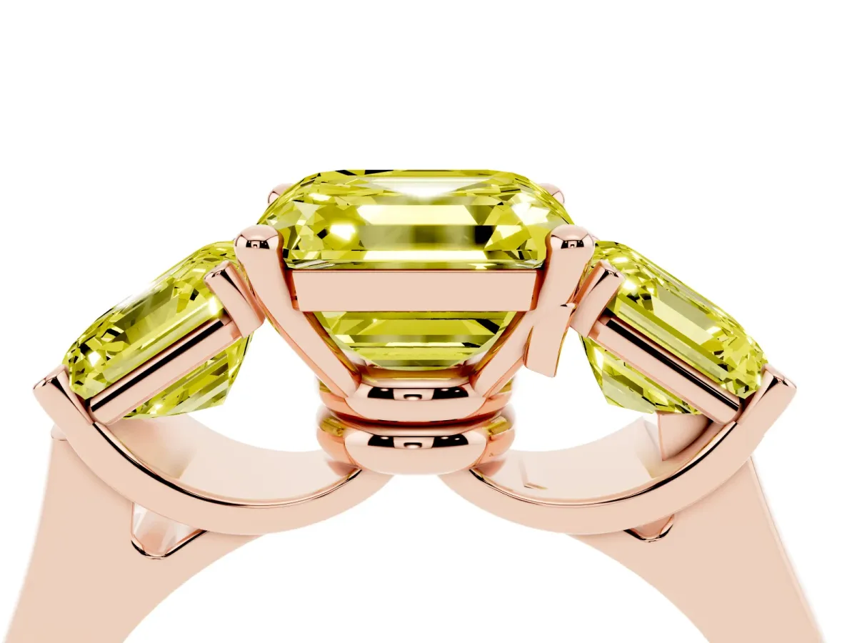 Fancy Yellow Three-Stone Asscher Cut Brilliant Diamond Trellis Ring with Comfort Fit Band Rose gold