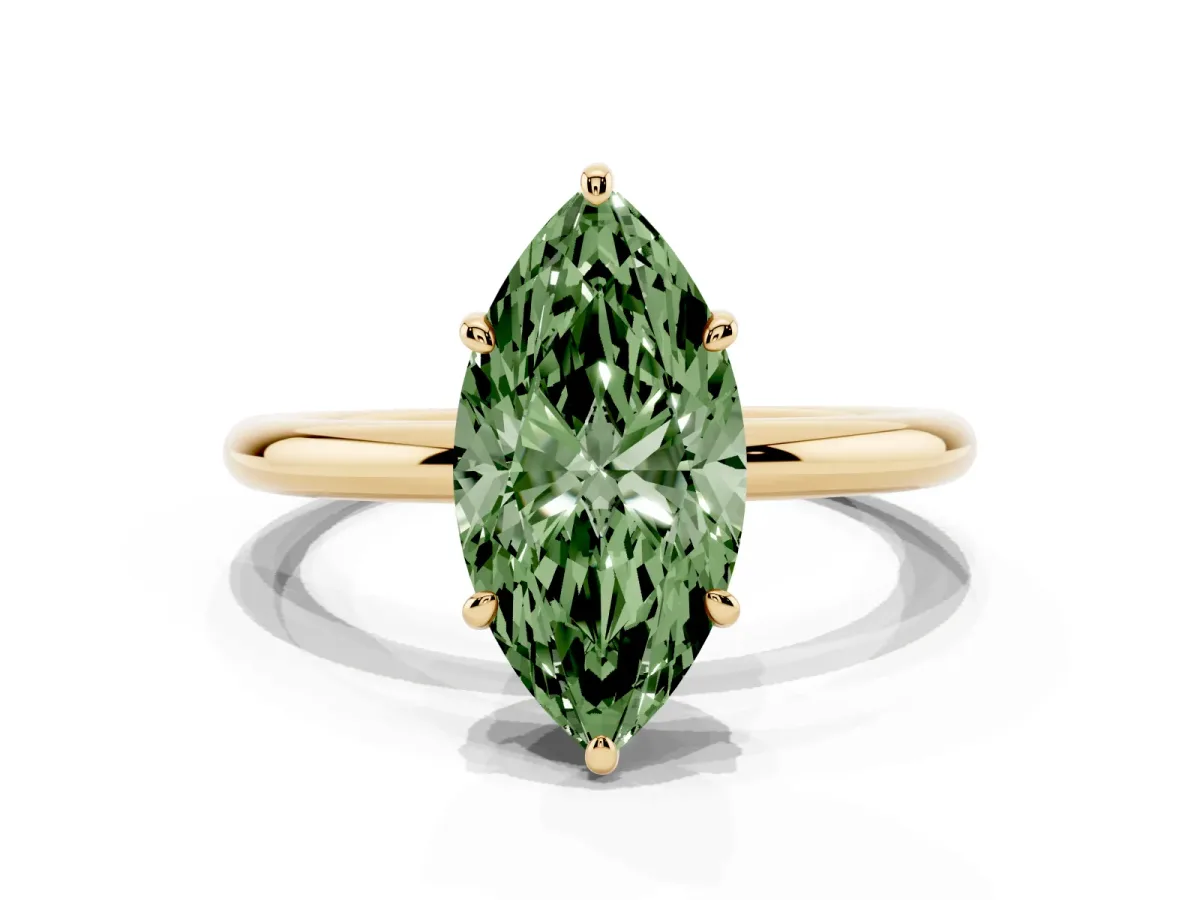 Fancy Green Marquise Cut Solitaire Diamond Ring with Four-Prong Setting on a Plain Band Yellow gold