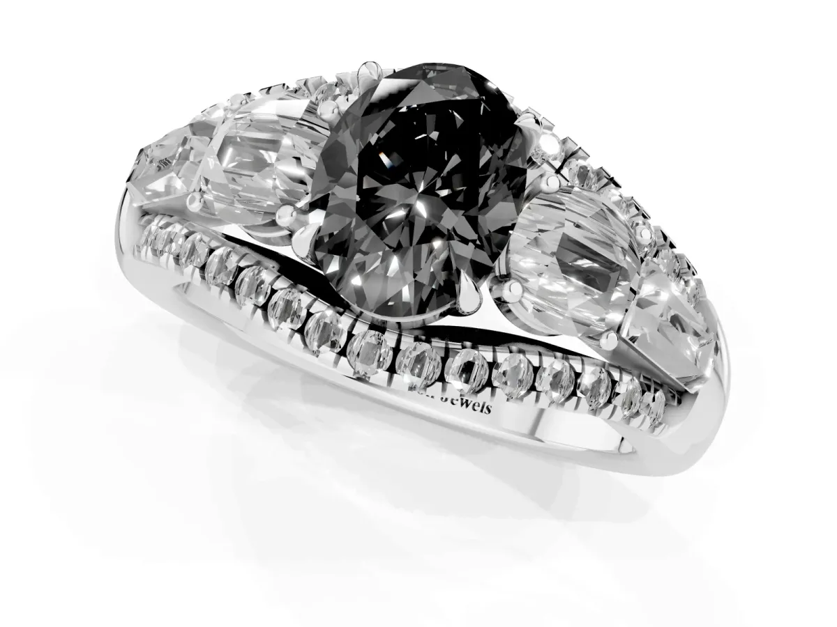 Fancy Black Three-Stone Oval Cut Diamond Engagement Ring with Pave Band and Prong Setting Silver