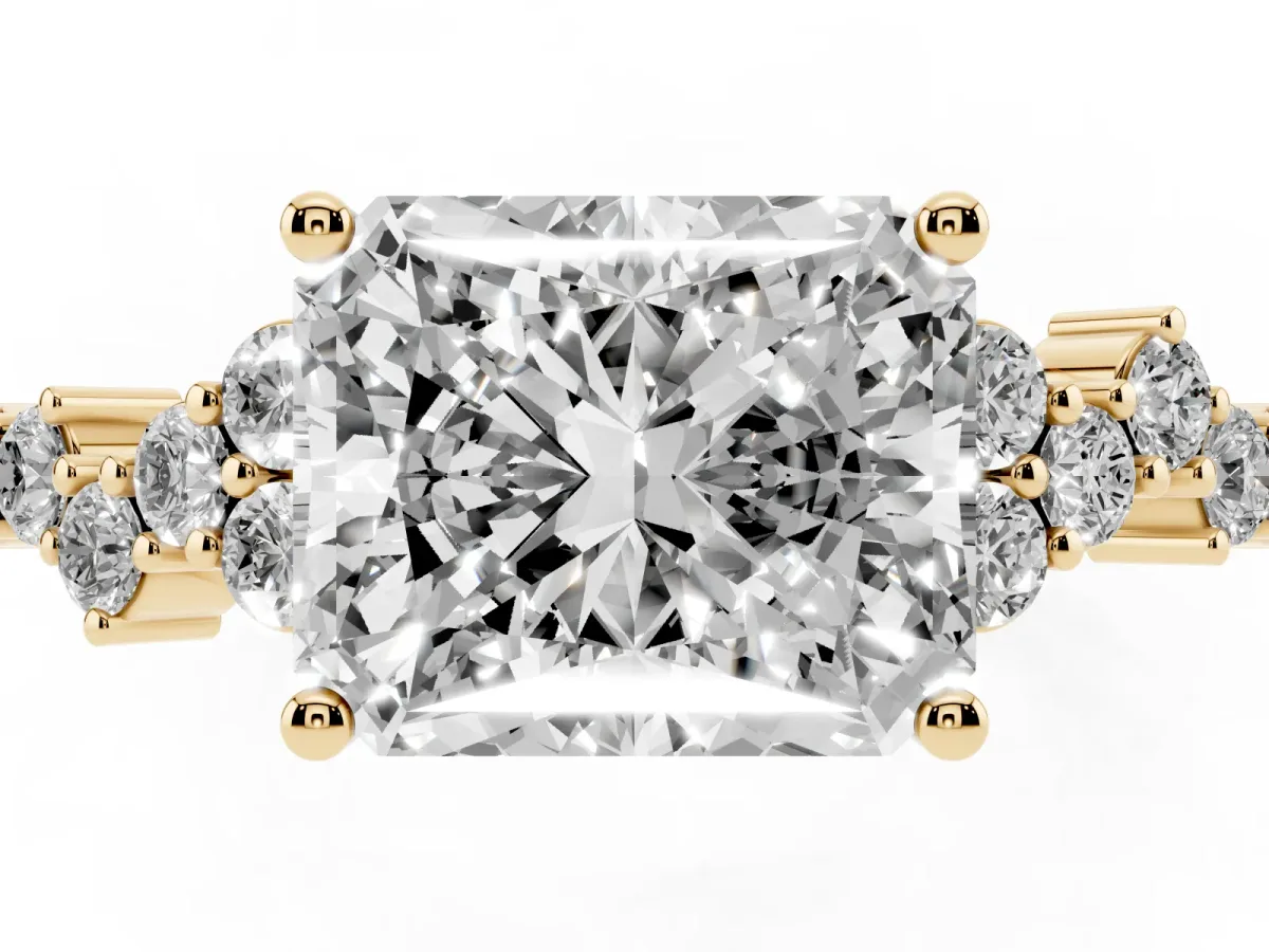 Radiant Cut Diamond Scattered Round Accent Ring with Prong Setting Yellow gold