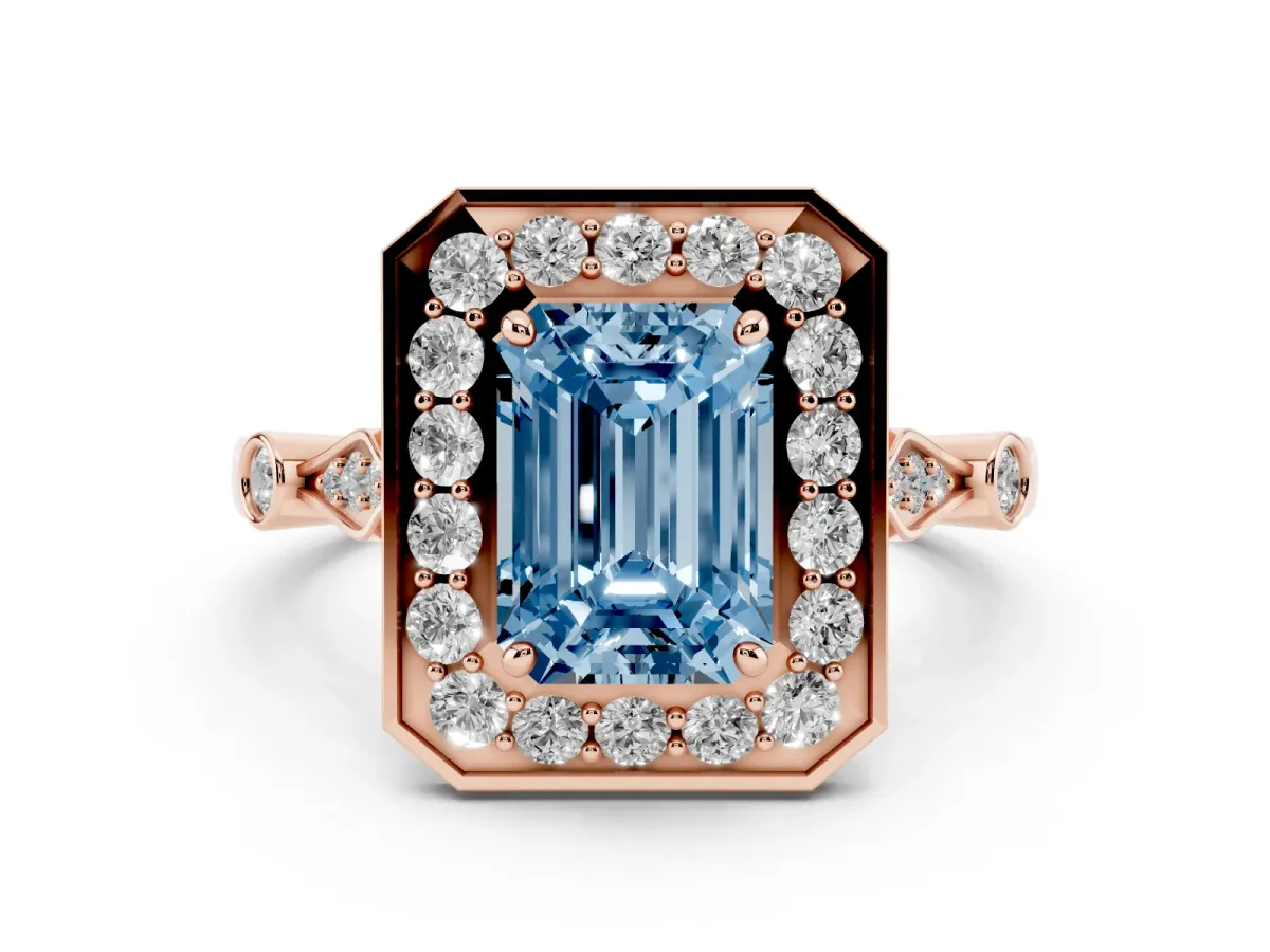 Fancy Blue Emerald Cut Halo Diamond Engagement Ring with Twisted Band and Four-Prong Setting Rose gold