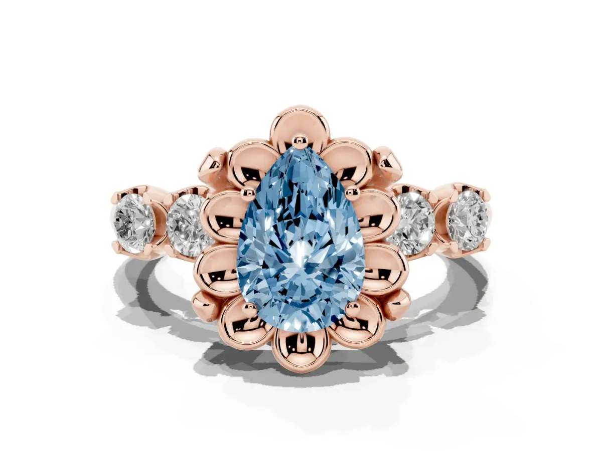 Fancy Blue Pear Cut Cut Diamond Floral Halo Engagement Ring with Shared Prong Setting Rose gold