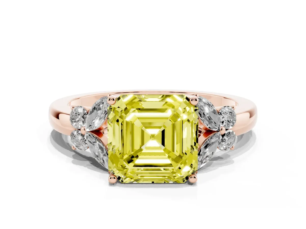 Fancy Yellow Asscher Cut Cut Solitaire Floral Diamond Ring with Four-Prong Setting Rose gold