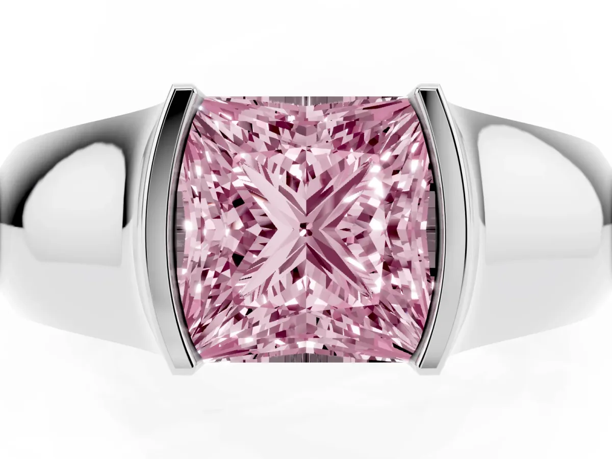 Fancy Pink Princess Cut Solitaire Bezel Set Diamond Ring with Wide Band Silver