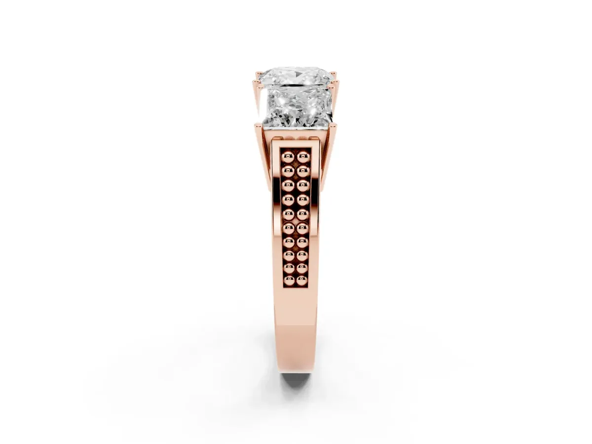 Princess Cut Diamond Three-Stone Ring with Prong Setting and Textured Band Rose gold