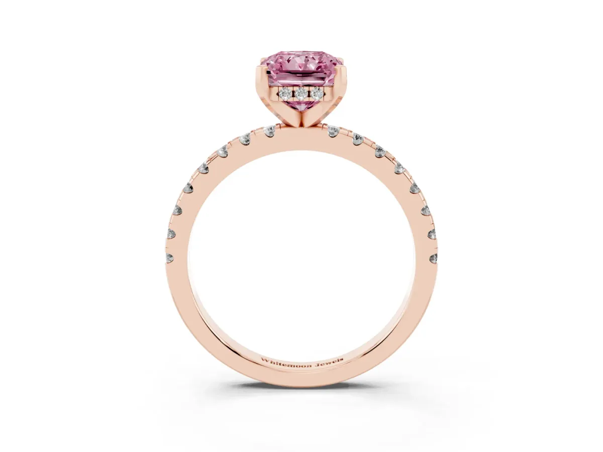 Fancy Pink Radiant Cut Diamond Solitaire Ring with Round Pavé Band and Four-Prong Setting Rose gold