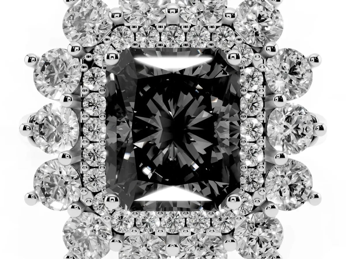 Fancy Black Radiant Cut Diamond Floral Double Halo Engagement Ring with Prong Setting Silver