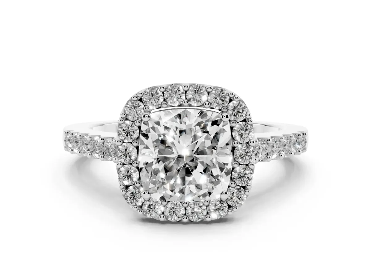 Cushion Cut Halo Diamond Pavé Solitaire Ring Platinum