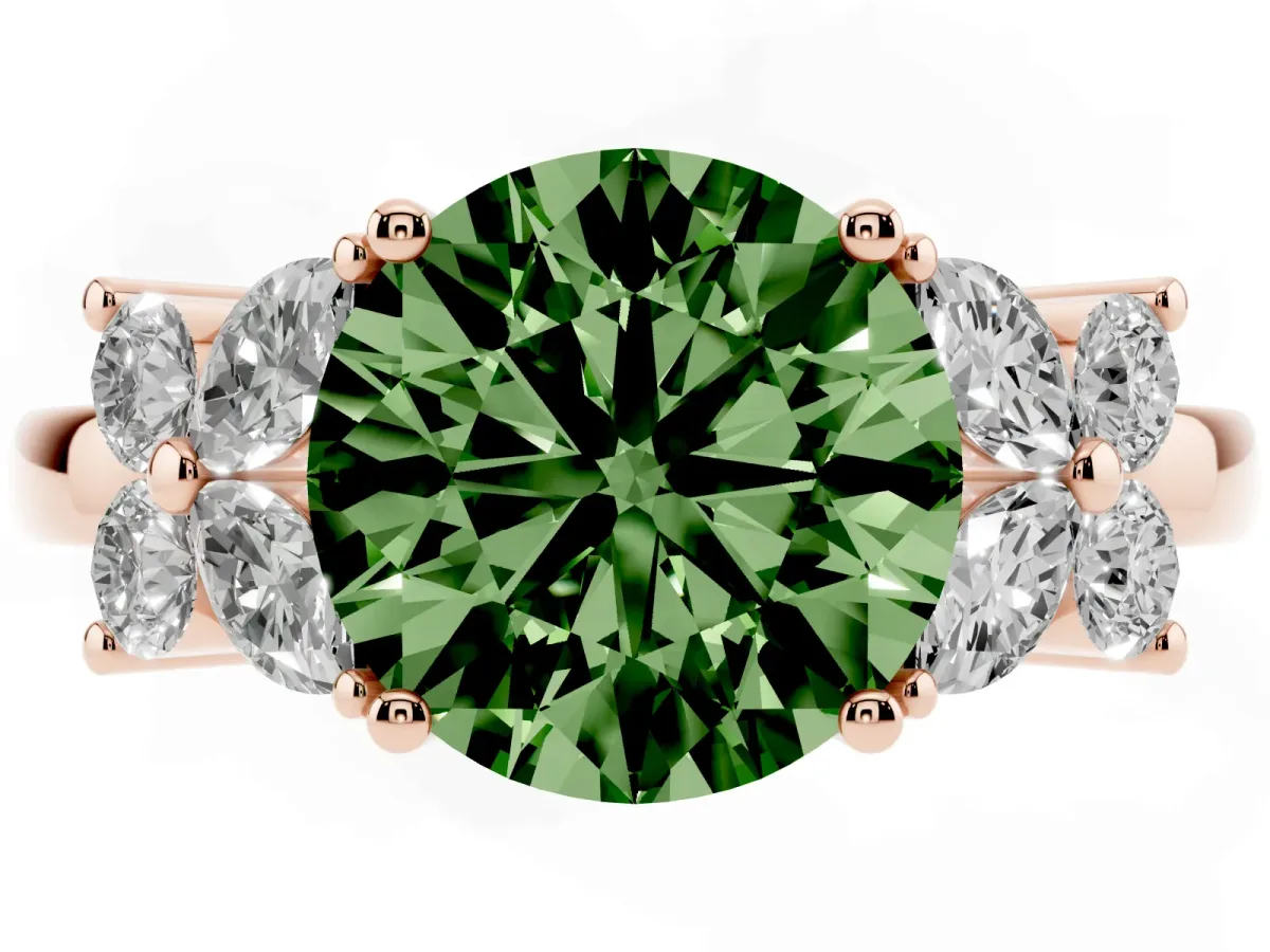 Fancy Green Round Cut Diamond Floral Cluster Ring with Solitaire Band and Prong Setting Rose gold