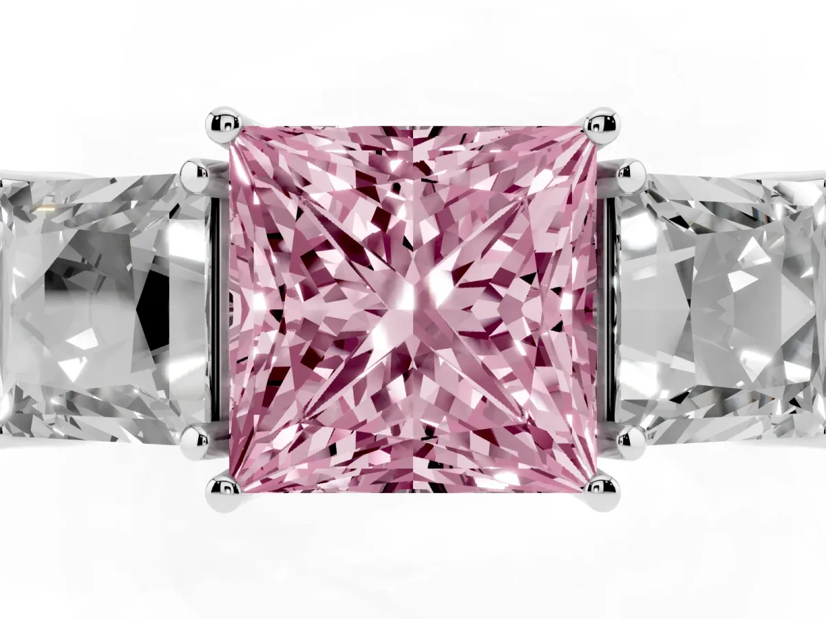 Fancy Pink Three-Stone Princess Cut Cut Milgrain Pavé Engagement Ring Platinum
