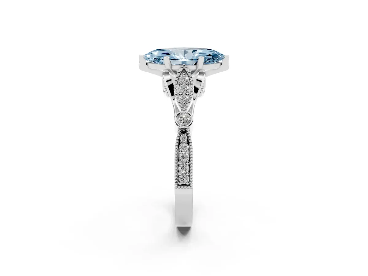 Fancy Blue Marquise Cut Cut Diamond with Milgrain Marquise and Bezel Accents on a Solitaire Band with Prong Setting Silver