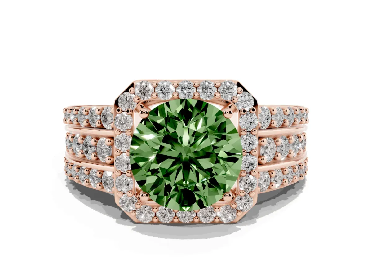 Fancy Green Round Cut Halo Diamond Ring with Round Split Shank and Prong Setting Rose gold