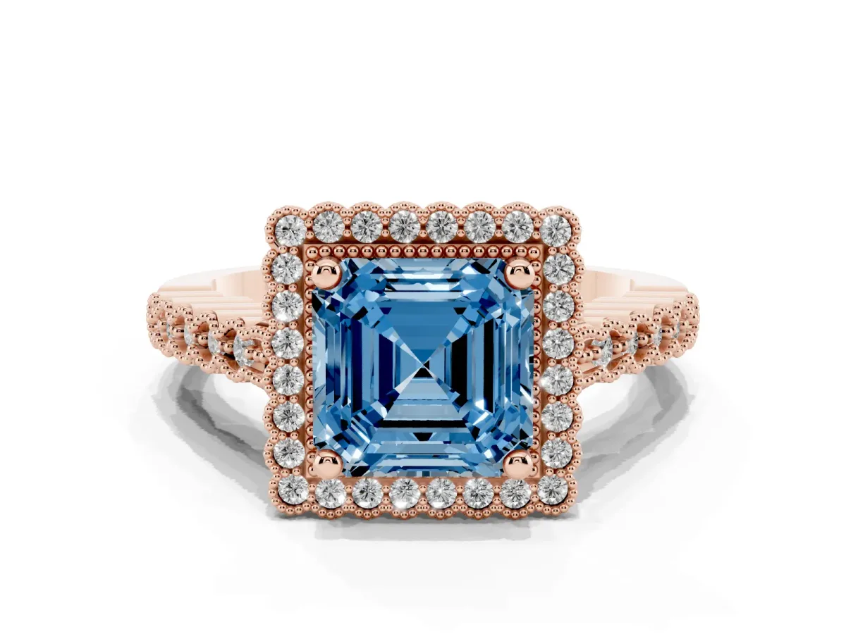 Fancy Blue Asscher Cut Cut Halo Pavé Solitaire Ring with Milgrain Band Rose gold