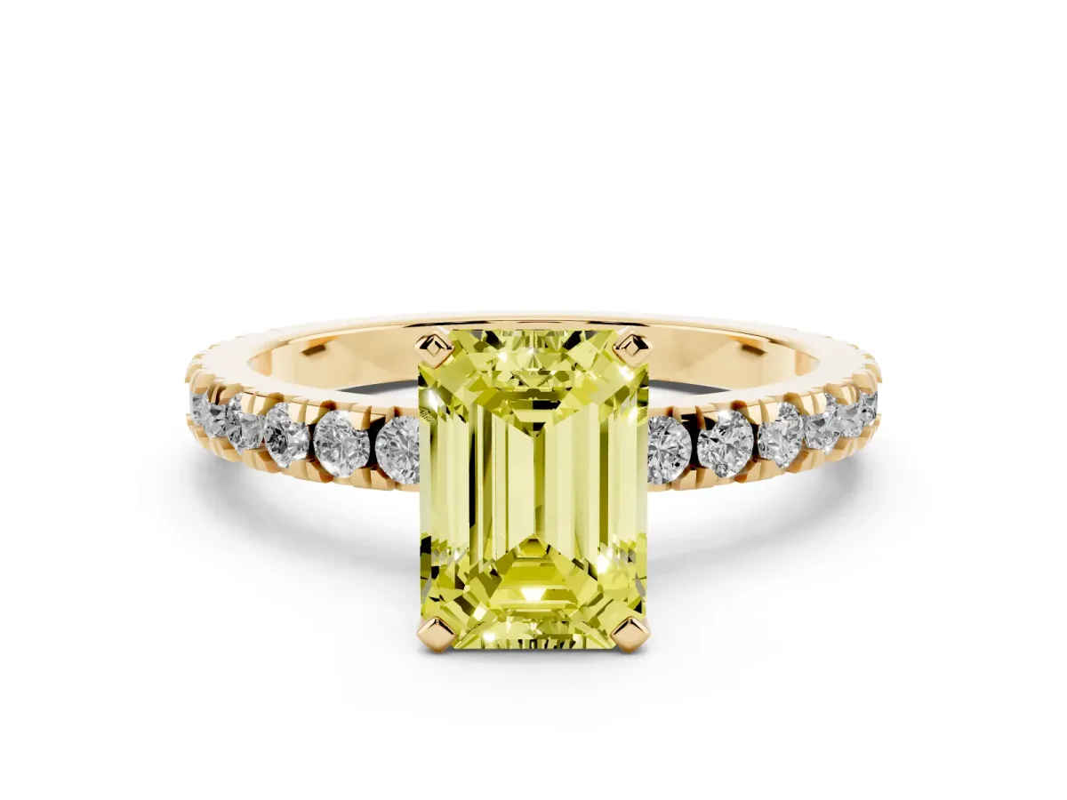 Fancy Yellow Emerald Cut Diamond Pavé Band Solitaire with Four-Prong Setting Yellow gold