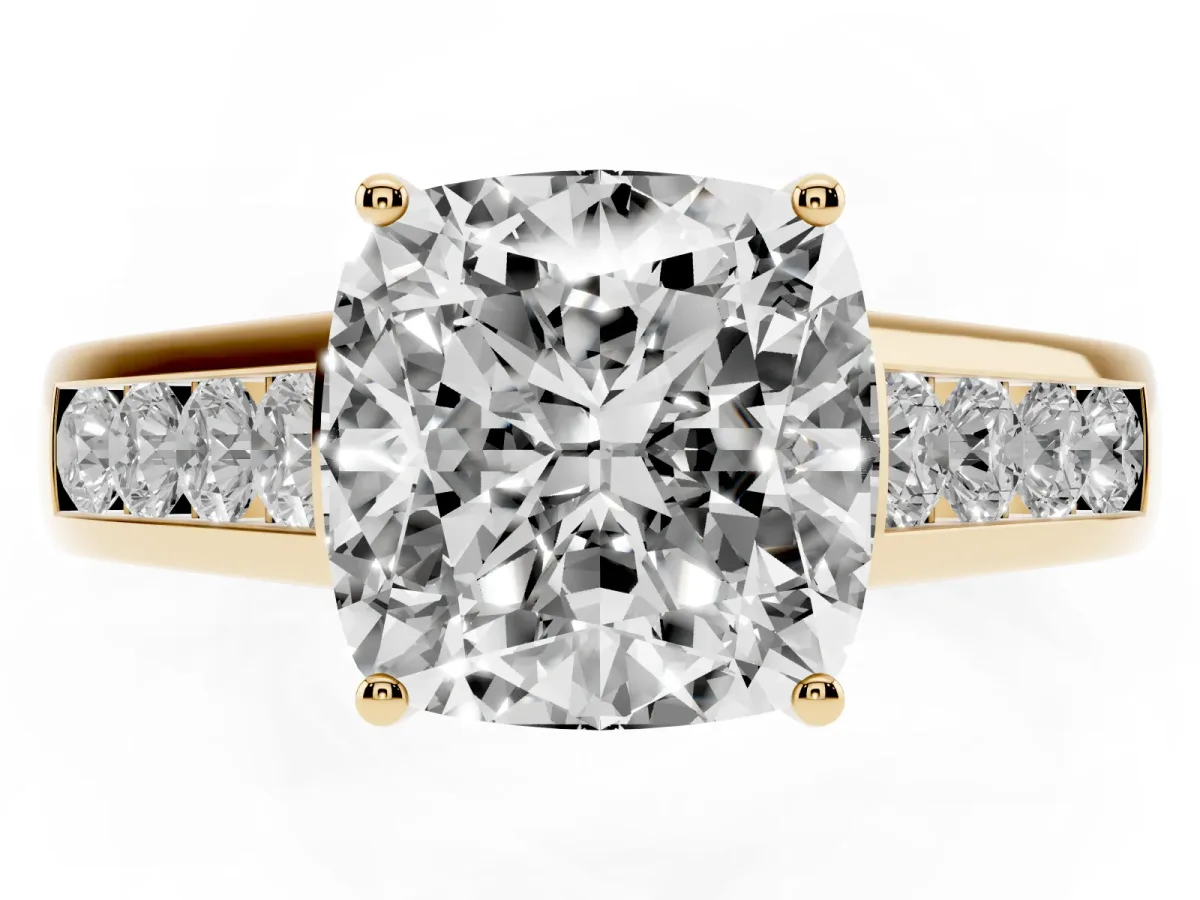 Cushion Cut Brilliant Channel-Set Solitaire Ring with Four-Prong Setting Yellow gold