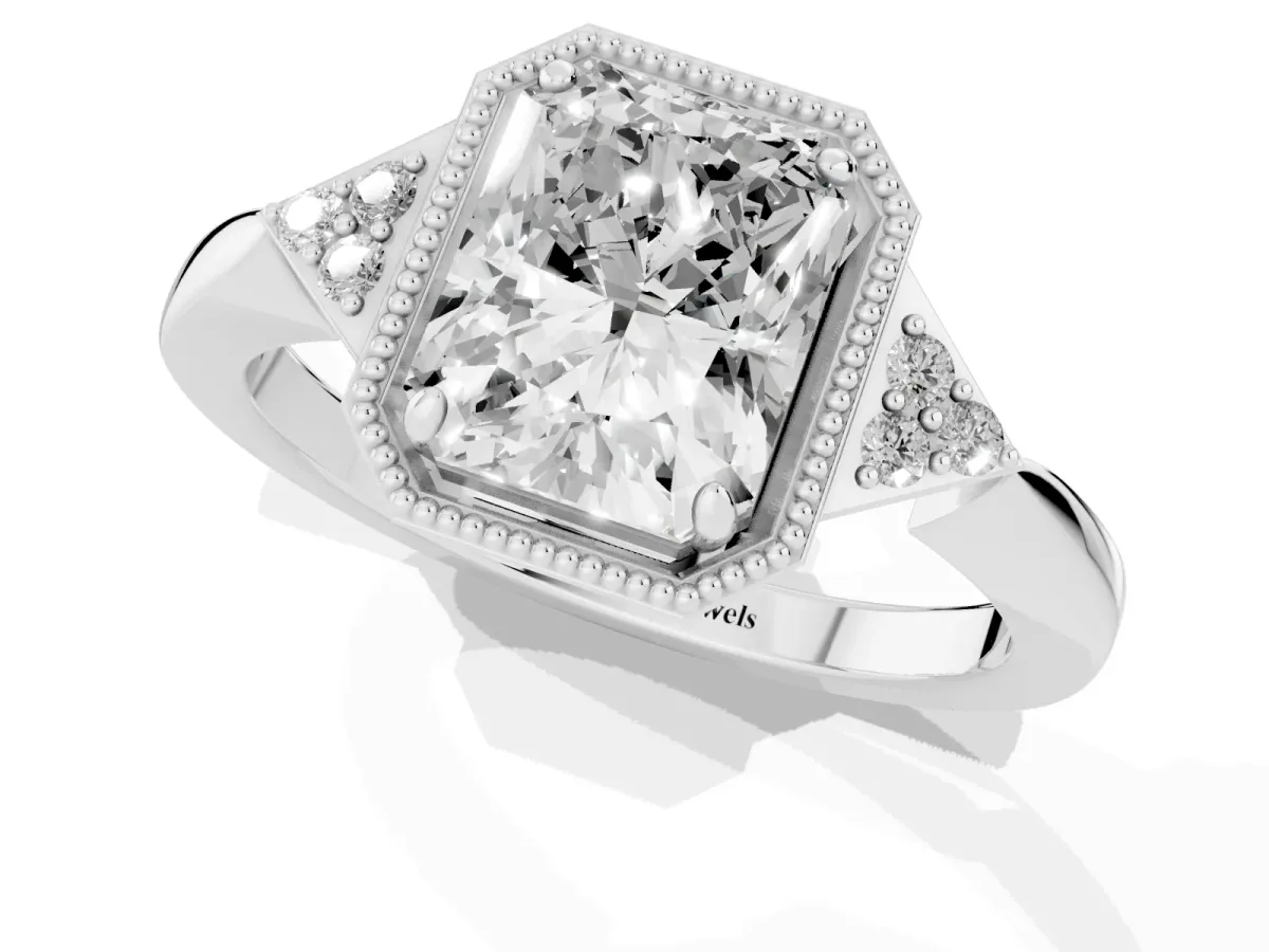 Hexagonal Halo Radiant Cut Diamond Solitaire with Pavé Band and Four-Prong Setting White gold