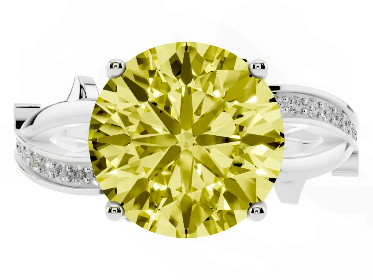 Fancy Yellow Round Cut Solitaire Twist Band with Pavé Accents and Four-Prong Setting White gold