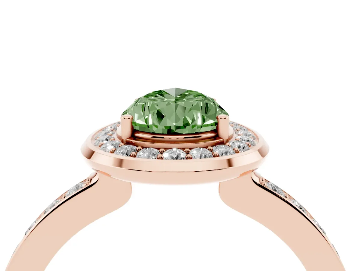 Fancy Green Pear Cut Diamond Halo Ring with Bezel Frame and Pavé Band Rose gold
